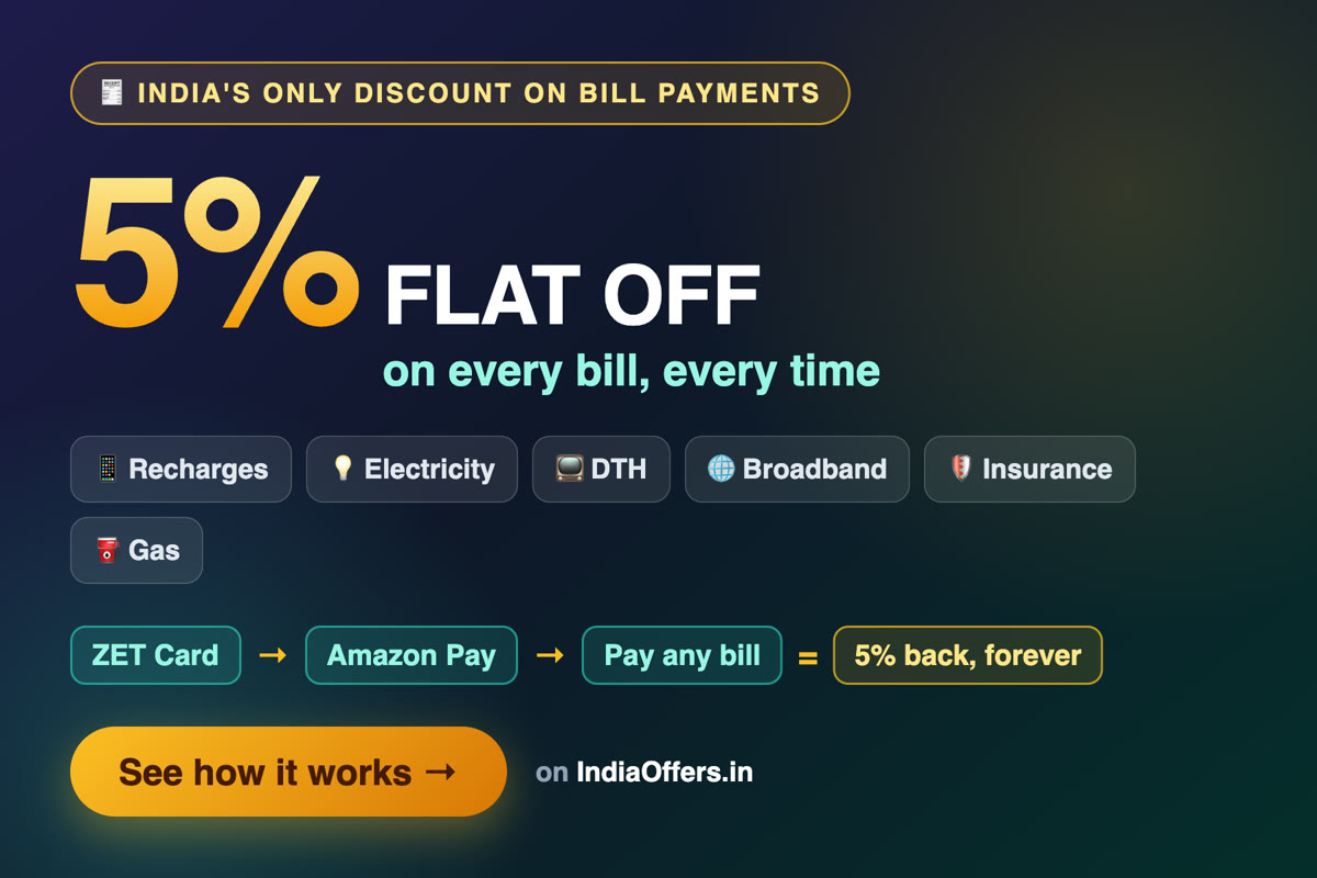 Flat 5% OFF on ALL Recharges, Electricity, DTH, Broadband & Insurance Bills — Forever